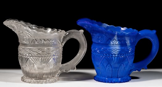 PRESSED LACY GOTHIC ARCH, PALM, AND CHAIN CREAMERS, LOT OF TWO