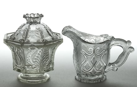 PRESSED LACY ACANTHUS LEAF AND SHIELD CREAMER AND COVERED SUGAR BOWL