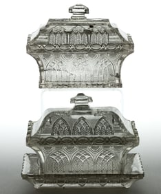 PRESSED LACY GOTHIC ARCH AND HEART CASKETS WITH COVERS, LOT OF TWO