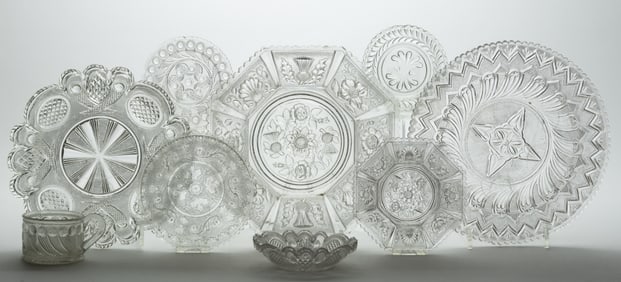 ASSORTED PRESSED LACY GLASS ARTICLES, LOT OF NINE