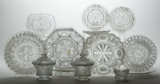 ASSORTED PRESSED LACY TABLE ARTICLES, LOT OF 14