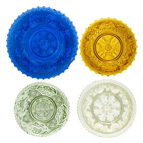 ASSORTED PRESSED LACY-ERA GLASS PLATES, LOT OF FOUR