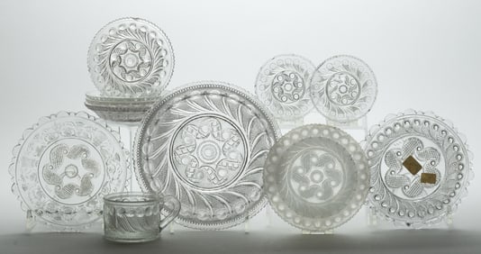 ASSORTED PRESSED LACY PEACOCK EYE GLASS ARTICLES, LOT OF 11