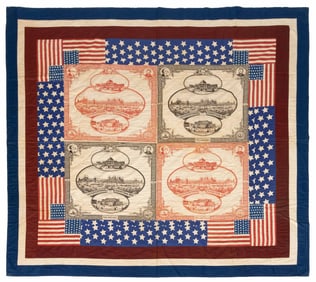 AMERICAN PATRIOTIC PIECED QUILT WITH PRINTED 39-STAR UNOFFICIAL U.S. FLAGS AND CENTENNIAL WORLD'S