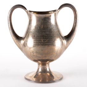 INTERNATIONAL SIL. CO. STERLING SILVER LARGE 1910 PRESENTATION VASE / LOVING CUP TO EDWIN ANDERSON