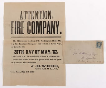 RARE ROCKINGHAM CO., SHENANDOAH VALLEY OF VIRGINIA FIRE COMPANY BROADSIDE