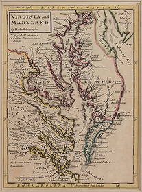 HERMAN MOLL (BRITISH, 1654-1732) MAP OF VIRGINIA, MARYLAND, AND THE CHESAPEAKE BAY: HERMAN MOLL (1654-1732) MAP OF VIRGINIA, MARYLAND, AND THE CHESAPEAKE BAY, hand-colored engraving on laid paper, titled "VIRGINIA AND / MARYLAND / By H. Moll, Geographer" to reserve upper left. Conser
