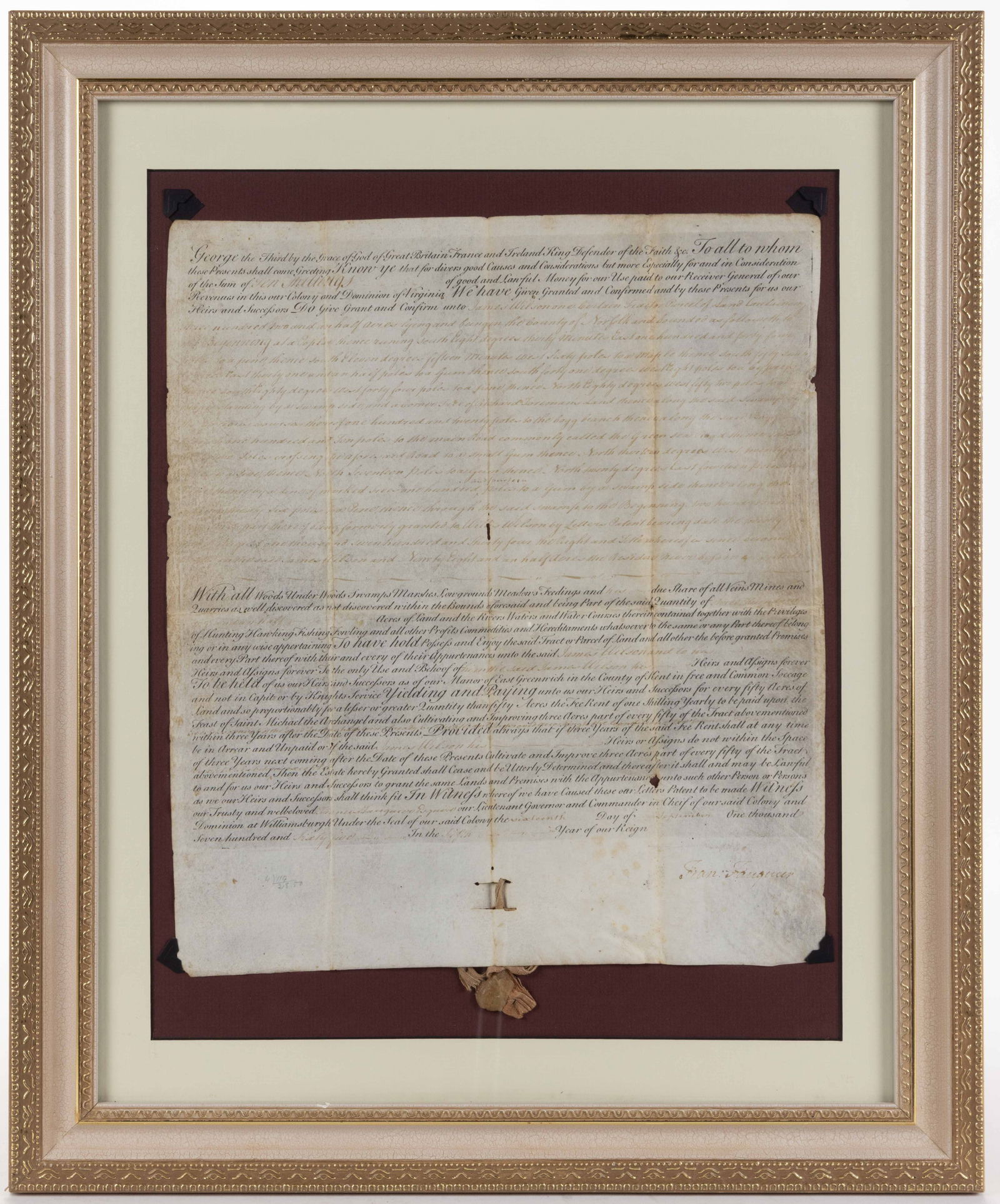 FRANCIS FAUQUIER (1703-1768) SIGNED 1765 NORFOLK CO., VIRGINIA LAND GRANT DOCUMENT: FRANCIS FAUQUIER (1703-1768) SIGNED 1765 NORFOLK CO., VIRGINIA LAND GRANT DOCUMENT, manuscript vellum, granting three hundred and two and a half acres in Norfolk Co., Virginia to James Wilson with min