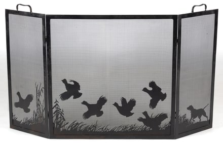 FOLK ART SPORTING-THEMED THREE-FOLD IRON AND WIRE DUCK HUNT SCENE FIREPLACE SCREEN