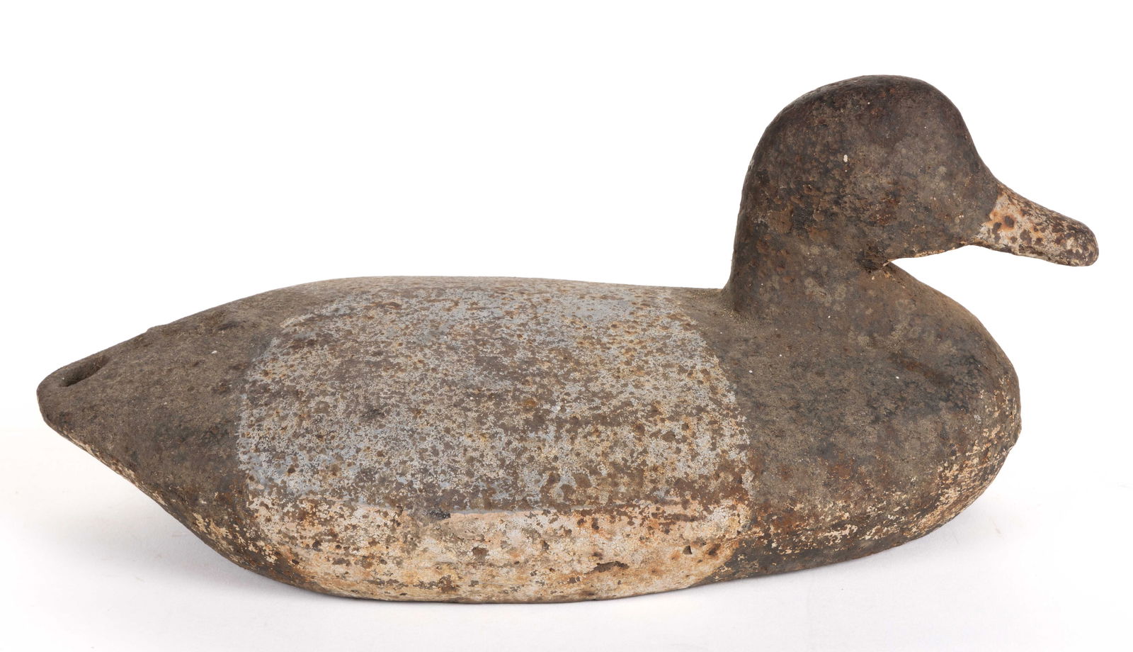 CAST-IRON MARKED "F" SINK BOX DUCK DECOY: CAST-IRON MARKED "F" SINK BOX DUCK DECOY, one piece construction with flat bottom, worn early painted surface, solid body with rigging hole at tail, embossed with an "F" to the top