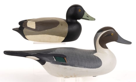 AMERICAN SIGNED FOLK ART CARVED AND PAINTED DUCK DECOYS, LOT OF TWO