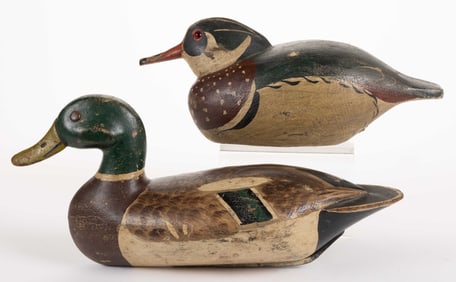 FOLK ART CARVED AND PAINTED DUCK DECOYS, LOT OF TWO