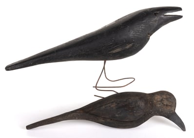 AMERICAN FOLK ART CARVED AND PAINTED CROW DECOYS, LOT OF TWO