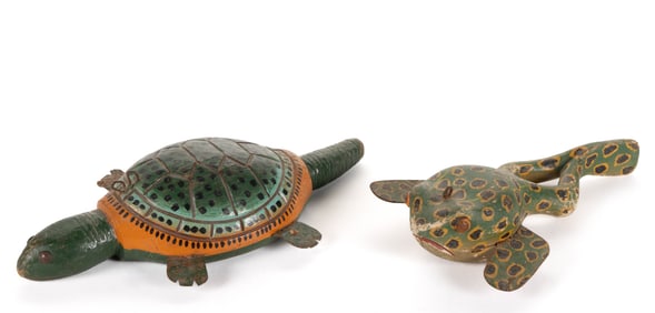 VINTAGE AMERICAN FOLK ART CARVED AND PAINTED WOOD ICE FISHING DECOYS, LOT OF TWO