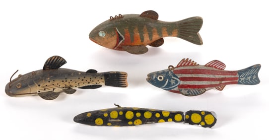VINTAGE AMERICAN FOLK ART CARVED AND PAINTED WOOD ICE FISHING DECOYS, LOT OF FOUR