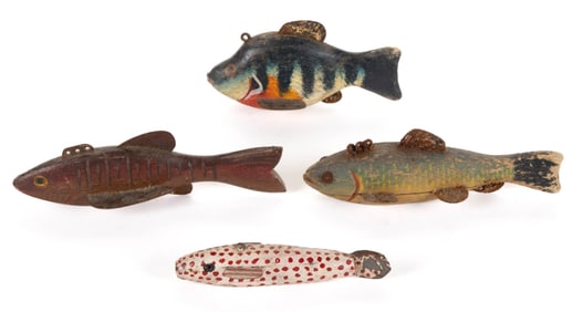 VINTAGE AMERICAN FOLK ART CARVED AND PAINTED WOOD ICE FISHING DECOYS, LOT OF FOUR