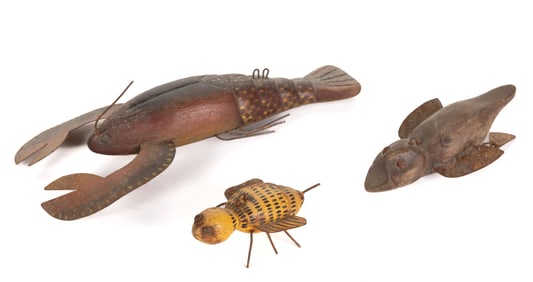 VINTAGE AMERICAN FOLK ART CARVED AND PAINTED WOOD ICE FISHING DECOYS, LOT OF THREE