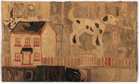 AMERICAN FOLK ART DOG AND HOME PICTORIAL LARGE HOOKED RUG