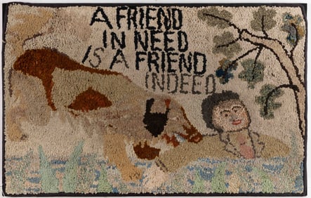 AMERICAN HUTCHINSON ATTRIBUTED FOLK ART PICTORIAL AND POETIC HOOKED RUG