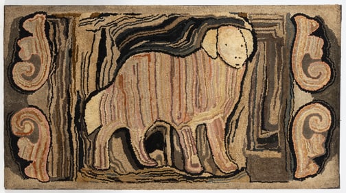 AMERICAN FOLK ART DOG PICTORIAL LARGE HOOKED RUG