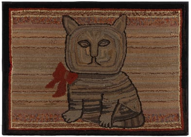 AMERICAN FOLK ART CAT PICTORIAL HOOKED RUG