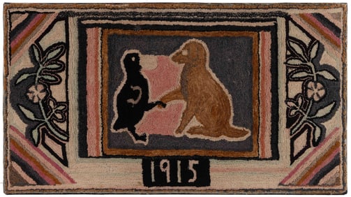 AMERICAN FOLK ART DATED 1915 WITH FRIENDLY DOG AND DUCK PICTORIAL HOOKED RUG