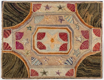 AMERICAN FOLK ART STARFISH AND SHELL GEOMETRICAL PICTORIAL LARGE HOOKED RUG