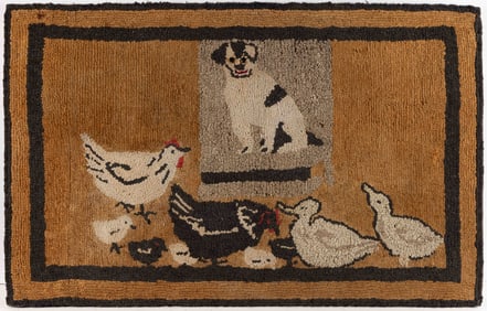 AMERICAN FOLK ART DOG AND POULTRY PICTORIAL HOOKED RUG