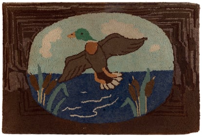 AMERICAN FOLK ART FLYING DUCK PICTORIAL HOOKED RUG