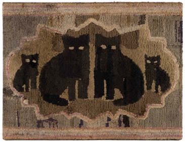 AMERICAN FOLK ART CAT FAMILY PICTORIAL HOOKED RUG