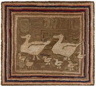 AMERICAN FOLK ART DUCK FAMILY PICTORIAL HOOKED RUG