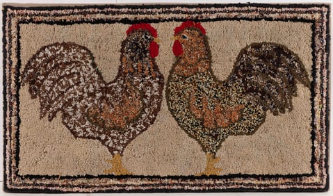 AMERICAN FOLK ART ROOSTER PICTORIAL HOOKED RUG