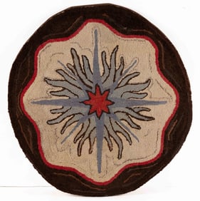 AMERICAN FOLK ART MARINER'S COMPASS PICTORIAL HOOKED RUG