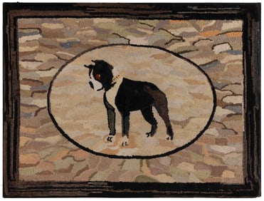 AMERICAN FOLK ART BOSTON TERRIER DOG PICTORIAL HOOKED RUG