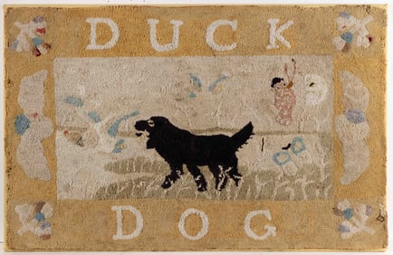 AMERICAN FOLK ART DOG AND DUCK PICTORIAL HOOKED RUG