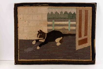 AMERICAN FOLK ART CAT AND MOUSE PICTORIAL HOOKED RUG