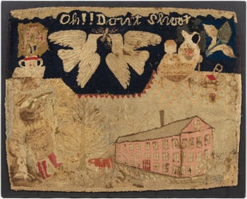 AMERICAN FOLK ART DATED 1889 PICTORIAL HOOKED RUG