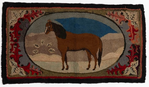AMERICAN FOLK ART HORSE PICTORIAL HOOKED RUG