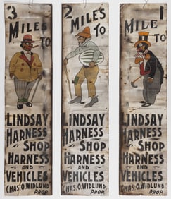 ITHACA SIGN WORKS BLACK AMERICANA FOLK ART SHEET-IRON / TIN CALIFORNIA ROAD SIGNS, SET OF THREE