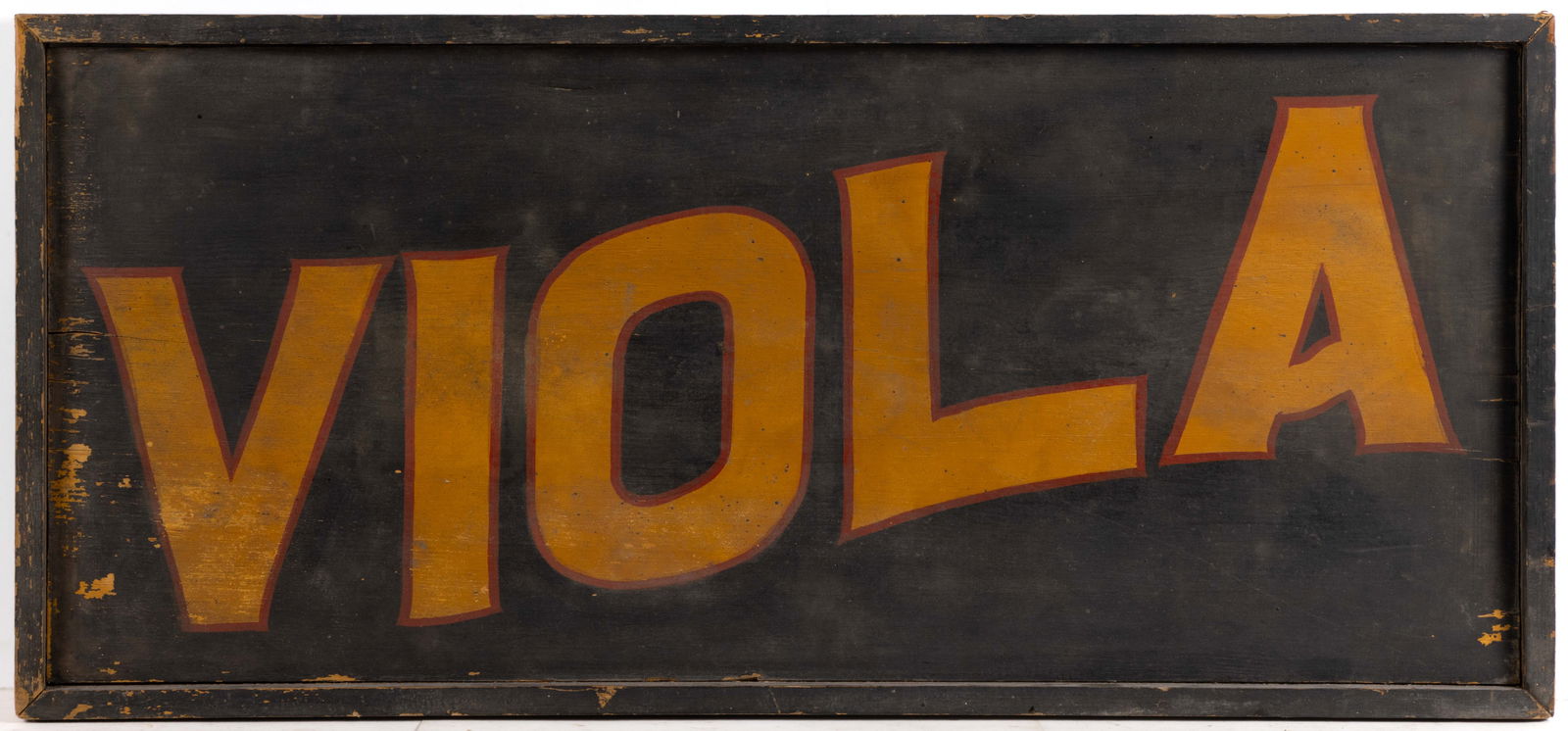 AMERICAN FOLK ART PAINTED WOODEN TRADE SIGN: AMERICAN FOLK ART PAINTED WOODEN TRADE SIGN, single-sided form featuring yellow lettering outlined in red on a black background, the whole surrounded by an applied frame. Retains an early, probably or