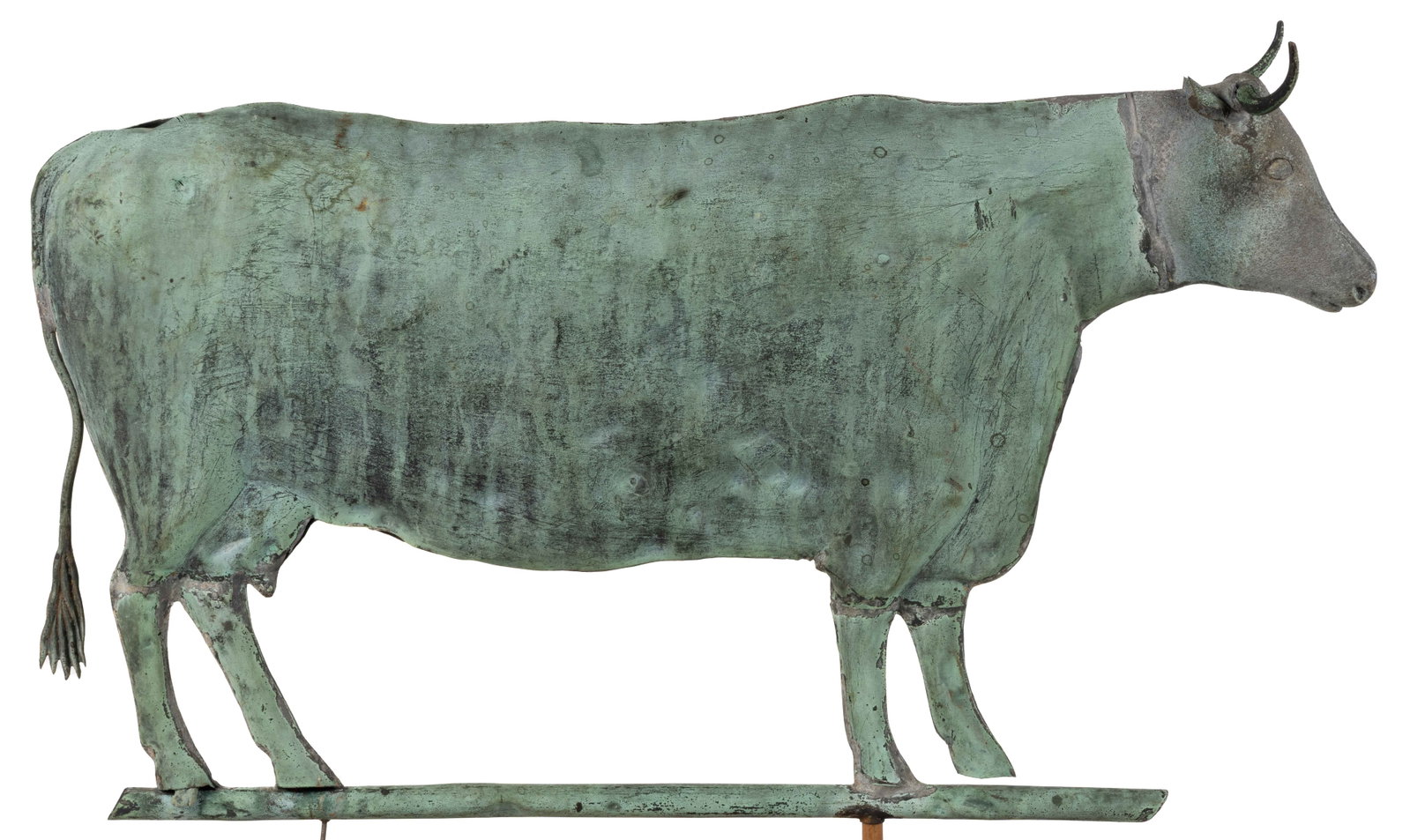 AMERICAN FOLK ART FULL-BODY MOLDED-COPPER FIGURAL COW WEATHERVANE: AMERICAN FOLK ART FULL-BODY MOLDED-COPPER FIGURAL COW WEATHERVANE, large-sized figure in standing position depicting a Jersey cow, body lightly molded with various bones and textur