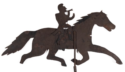 FOLK ART CUT-OUT SHEET-IRON / TIN FIGURAL RUNNING HORSE WITH RIDER SILHOUETTE WEATHERVANE