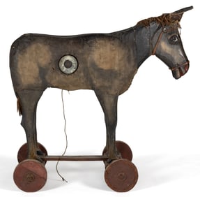 AMERICAN FOLK ART CARVED AND PAINTED CARNIVAL BALL-TOSS DONKEY FIGURE