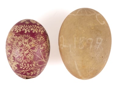 PENNSYLVANIA SGRAFFITO / SCRATCH DECORATED / PIN-CARVED EGGS, LOT OF TWO