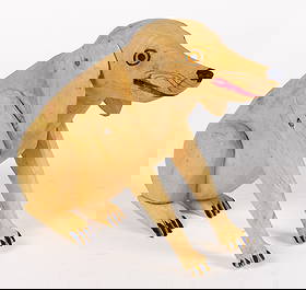 MANUEL JIMENEZ RAMIREZ (MEXICAN, 1919-2005) AND FAMILY, ATTRIBUTED, FOLK / OUTSIDER ART CARVED AND: MANUEL JIMENEZ RAMIREZ (MEXICAN, 1919-2005) AND FAMILY, ATTRIBUTED, FOLK / OUTSIDER ART CARVED AND PAINTED DOG, Oaxacan style, solid seated full-figure with ears and legs applied with nails,