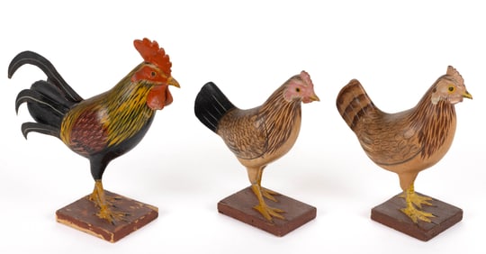 FOLK ART CARVED AND PAINTED CHICKEN FIGURES, LOT OF THREE