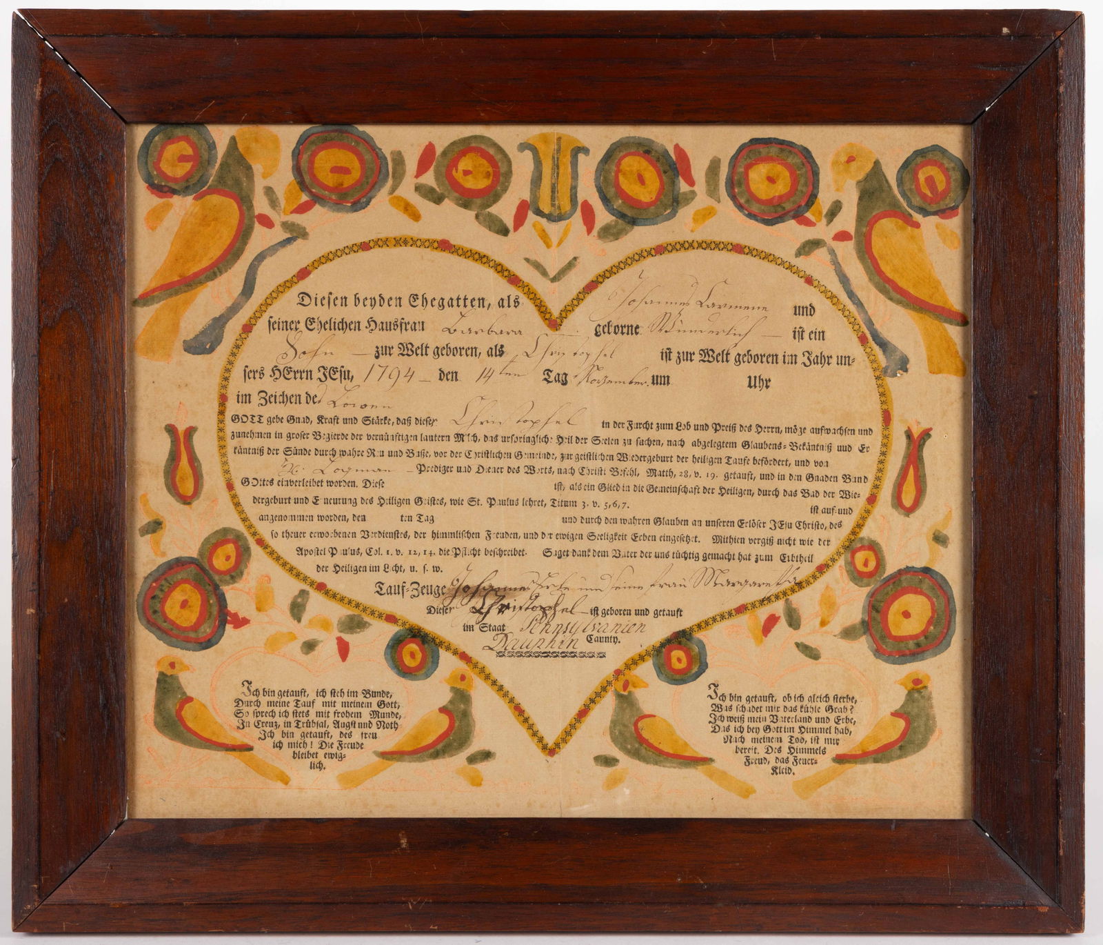 DAUPHIN CO., PENNSYLVANIA FOLK ART FRAKTUR BIRTH AND BAPTISMAL RECORD: DAUPHIN CO., PENNSYLVANIA FOLK ART FRAKTUR BIRTH AND BAPTISMAL RECORD, watercolor on partially printed paper, featuring a central heart filled with German print and script including "1794" a