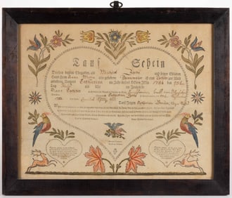 SAMUEL BAUMANN, EPHRATA, PENNSYLVANIA PRINTED FOLK ART TAUFSCHEIN FRAKTUR