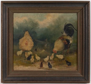 MARY B. LEISZ (BERKS CO., PENNSYLVANIA, 1876-1935) FARMYARD SCENE FEATURING CHICKENS