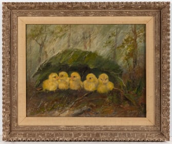 MARY B. LEISZ (BERKS CO., PENNSYLVANIA, 1876-1935) FARMYARD SCENE FEATURING CHICKS